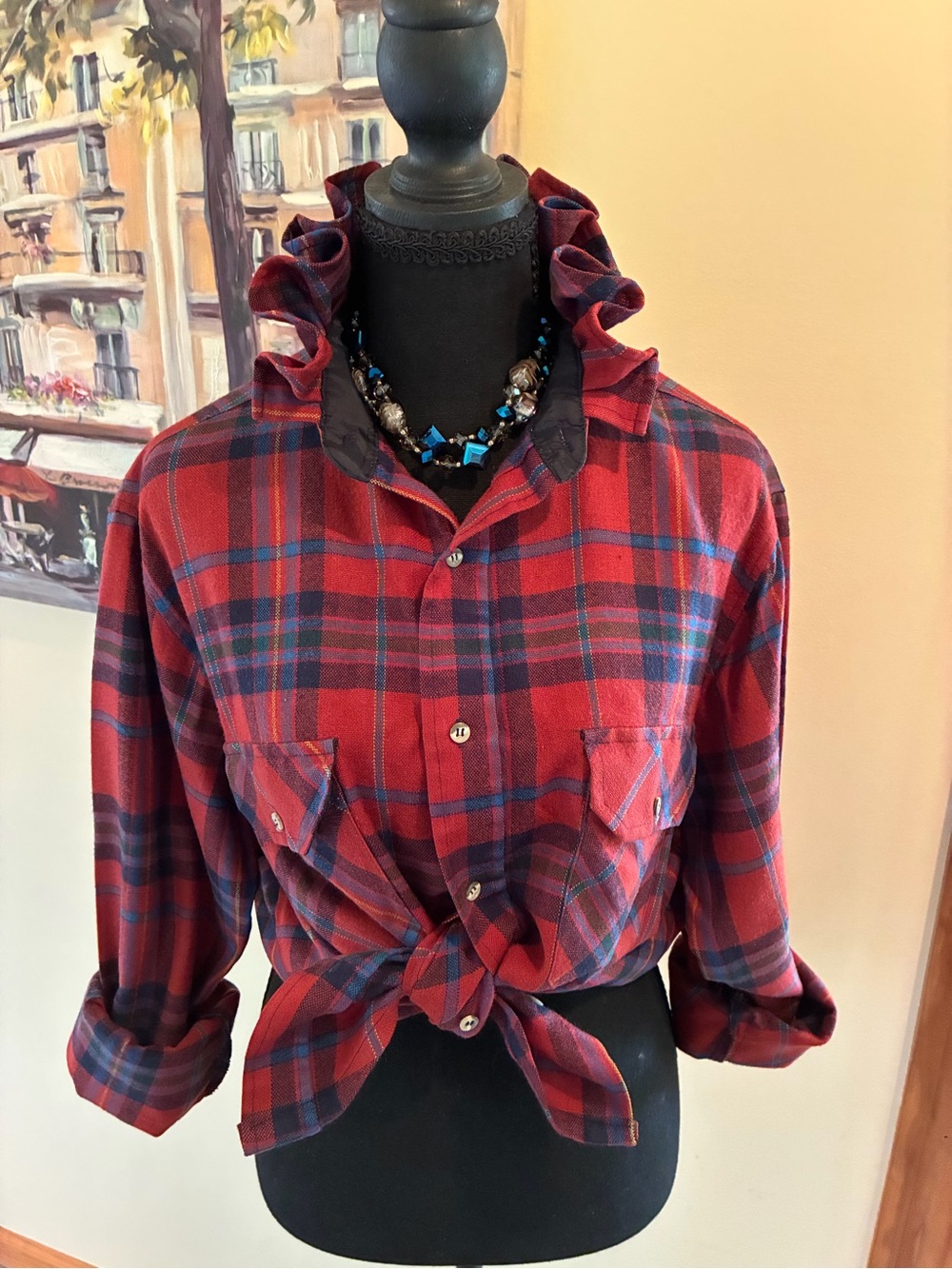 Plaid Ruffle Collar Rust color button down shirt